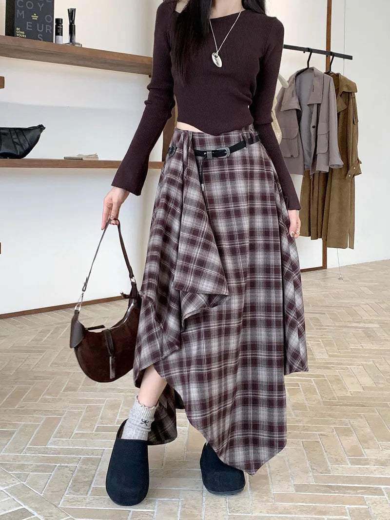 MEXZT Vintage Plaid Woolen Midi Skirt Women Y2K Harajuku Belt Asymmetrical Skirts Winter Gyaru Grunge Korean Design Faldas New