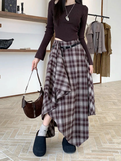 MEXZT Vintage Plaid Woolen Midi Skirt Women Y2K Harajuku Belt Asymmetrical Skirts Winter Gyaru Grunge Korean Design Faldas New