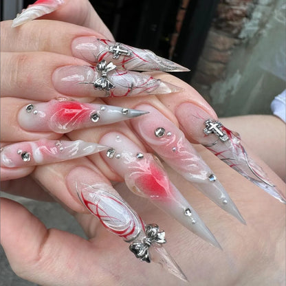 24pcs Sliver Spider Design Fake Nail Halloween Gothic Punk False Nail Tips Wearable European Heavy Metal Almond Press on Nails.