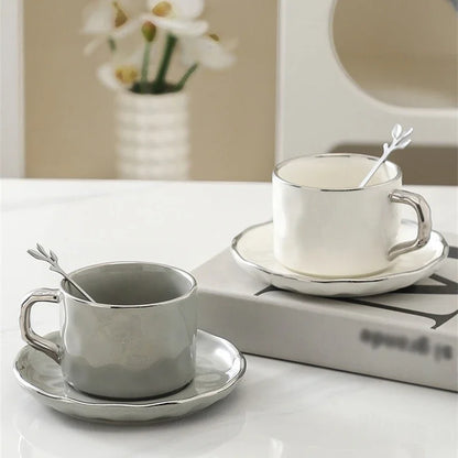 230ml European Style Coffee Cup with Saucer and spoon Ceramic mug Solid Color Tea Cup and Saucer Set Afternoon Tea Milk Cup.