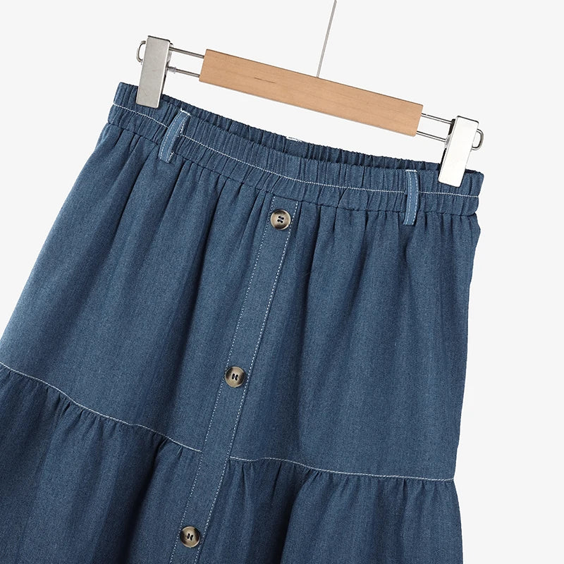 Autumn Elastic Waist Solid Skirts ZANZEA Fashion Women Denim Blue Skirt Elegant A-line Work Overskirts Casual Loose Holiday Jupe.