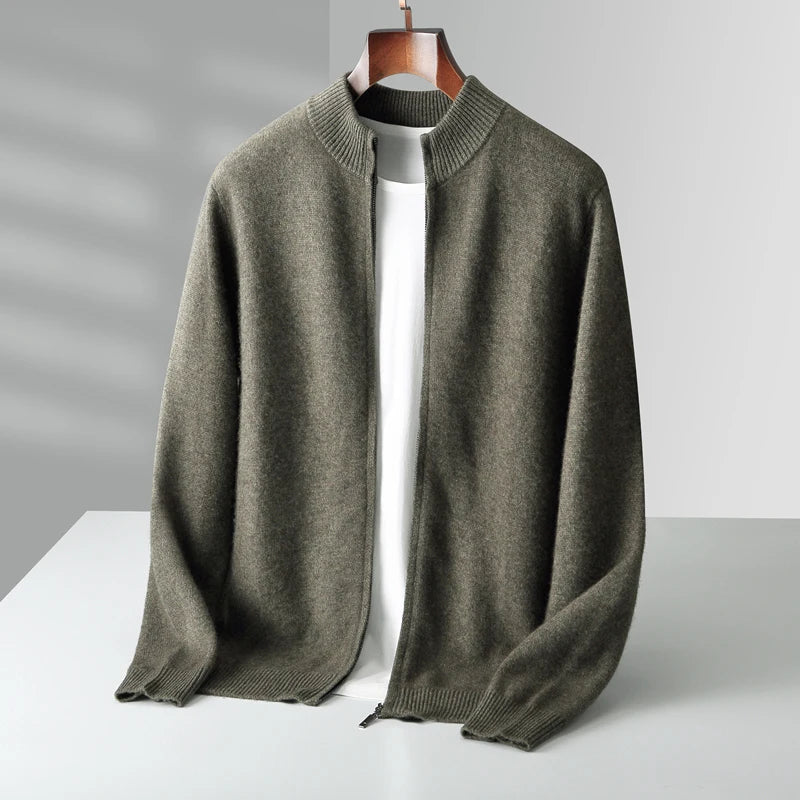 100% Merino Wool Men's Warm Sweater Mock Collar Thickened Zippered Cardigan Autumn Winter New Cashmere Knitted Long Sleeve Tops.