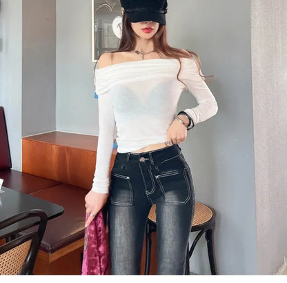 Korean Dongdaemun Spring Summer New Style Elegant One Shoulder Pleated Thin Long Sleeve Slimming Fit Cotton T-Shirt.