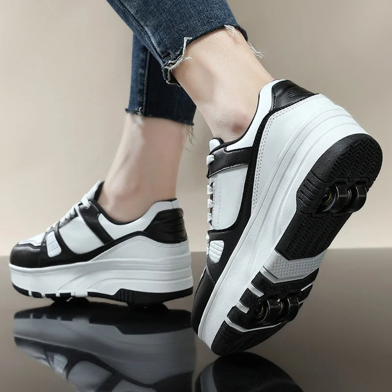 Four wheel roller shoes Boys girls walking shoes Casual outdoor sports slide and shrink school students pulleys shoes sneakers.