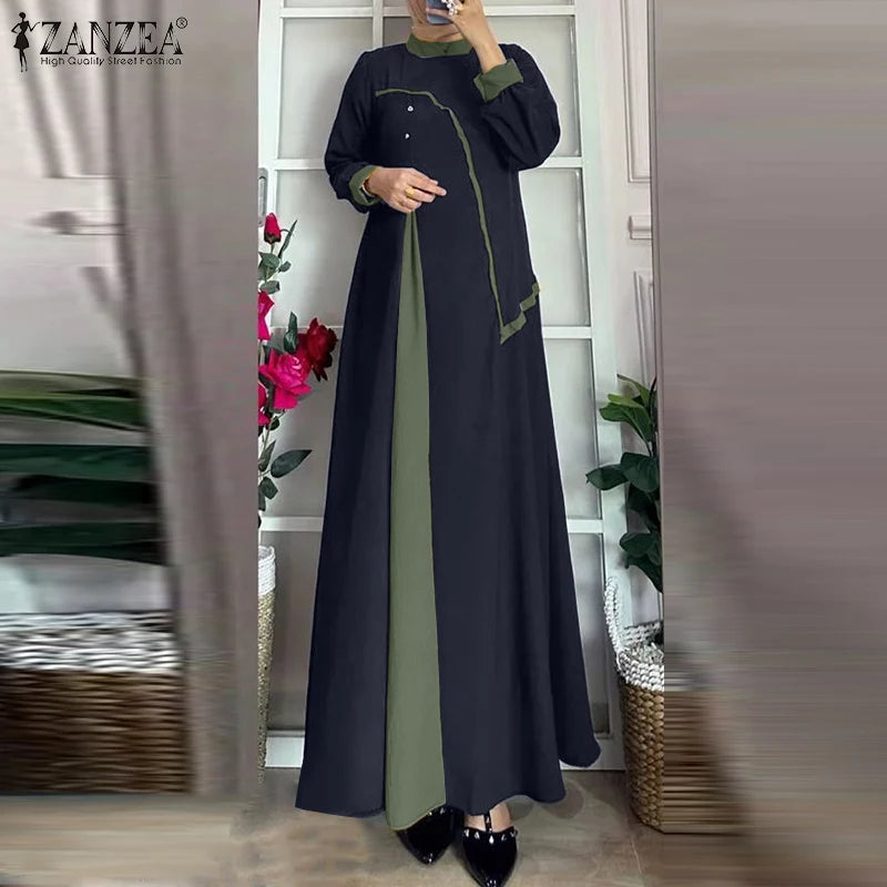 ZANZEA Women Autumn Patchwork Long Sleeve Maxi Dresses Muslim Turkey Abaya Dress Hijab Sundress Robe Femme Loose Vestidos Kaftan.