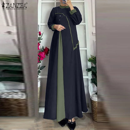 ZANZEA Women Autumn Patchwork Long Sleeve Maxi Dresses Muslim Turkey Abaya Dress Hijab Sundress Robe Femme Loose Vestidos Kaftan.