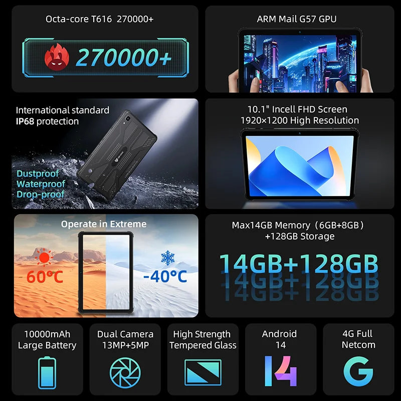 BMAX tablet I10S Pro Three-proof tablet Max14GB Memory(6GB+8GB) 128GB Storage Android 14 UNISOC T616 ARM Mail G57 4G Full Netcom.
