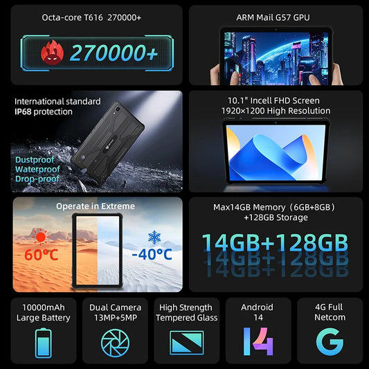 BMAX tablet I10S Pro Three-proof tablet Max14GB Memory(6GB+8GB) 128GB Storage Android 14 UNISOC T616 ARM Mail G57 4G Full Netcom.