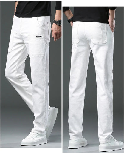 Spring and Autumn Men's Multi-Pocket Design Jeans Fashionable and Versatile White Khaki Red Comfortable Stretch Denim Pants.