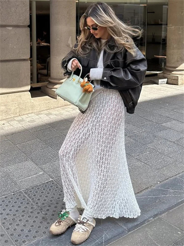 Tossy Fashion Summer Lace Long Skirt Women See-Through Slim High Waist Hollow Out Patchwork Elegant Commute Female Maxi Skirt.