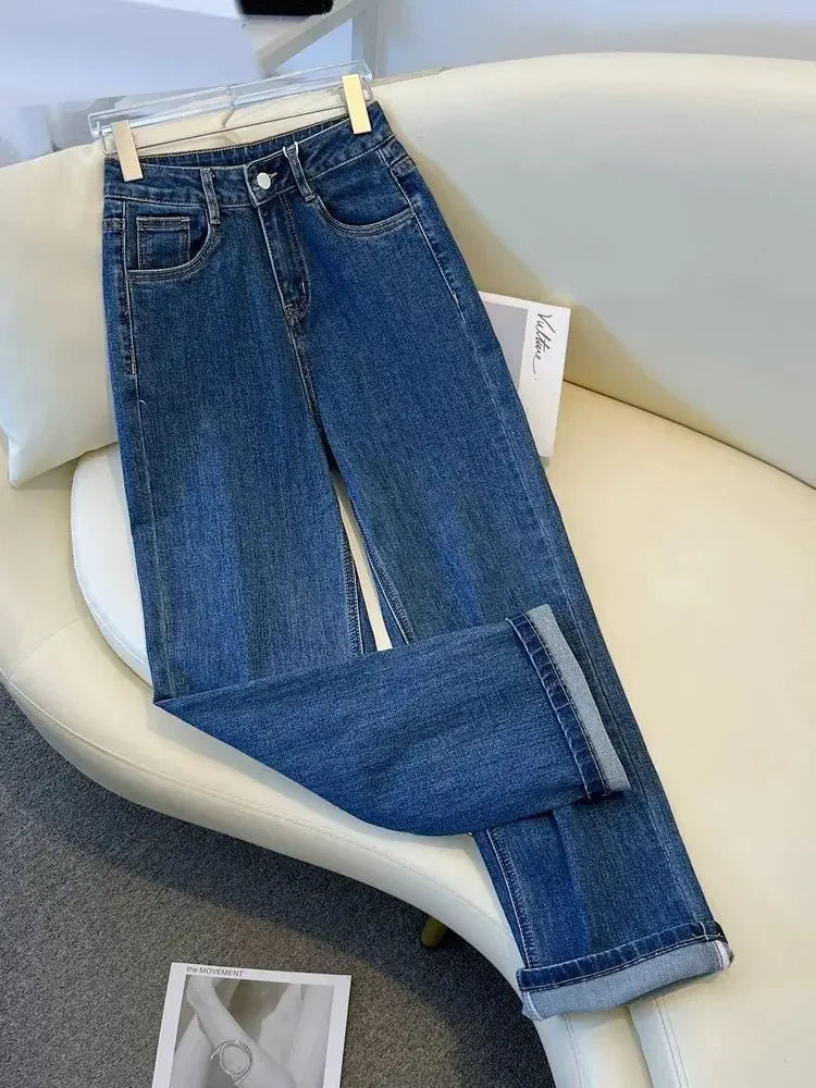 High Waist Straight Leg Jeans Women's Spring New Slim Fit Spring Autumn Narrow Version Smoking Pipe Pants.