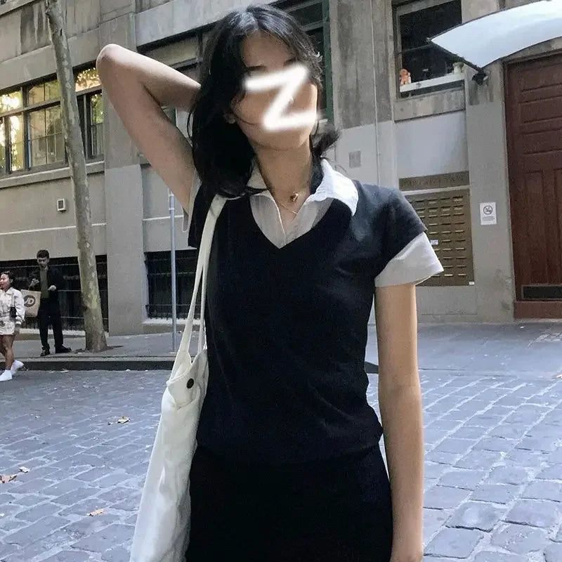 Korean Style College Polo Neck Splice Fake Two-Piece Short Sleeve T-Shirt Modal Material Flip Collar Short Length Female Top.