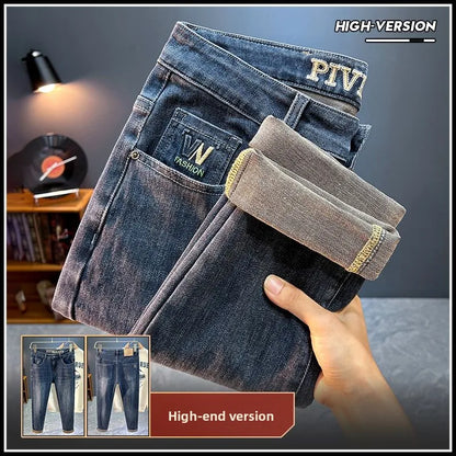 Men's Slim Straight Jeans Fashion Korean Autumn Trousers Comfortable Elastic Black Blue Fitted Business Casual Denim Pants.