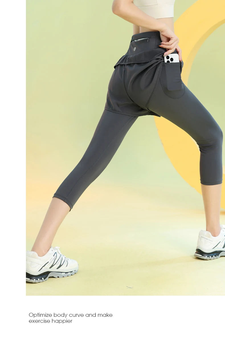 PHIGEER Women 2 in 1 Yoga Capri Pants Summer Lightweight Workout Tights With Pockets High Waist Running Gym Legging Activewears.