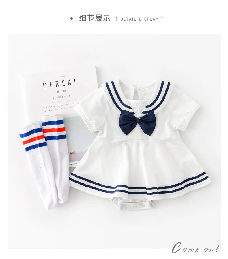 Sommer Baby Mädchen Strampler Kleid Sailor Navy Kragen Infant Mädchen Bögen Einteilige Kleidung Kleinkind Kurzarm Body.