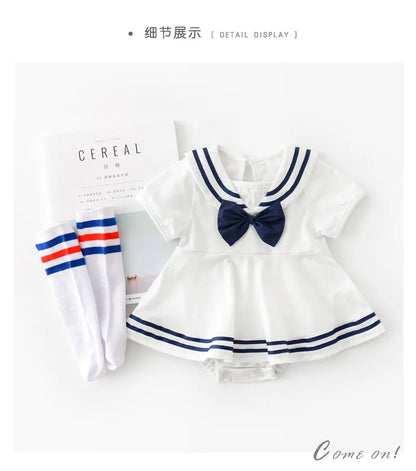 Sommer Baby Mädchen Strampler Kleid Sailor Navy Kragen Infant Mädchen Bögen Einteilige Kleidung Kleinkind Kurzarm Body.