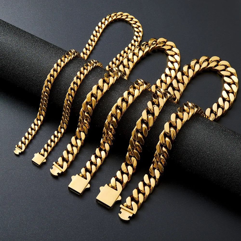 316 Stainless Steel Plated 18k Gold Fashion 8.10.12mm Encrypted Cuban Chain Miami Rap Hip Hop Men's Bracelet Accessory