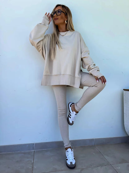 Women Pant Sets Two Pieces Tracksuit Solid Loose Sweatshirts Split Pullover Pencil Pants High Street Autumn Winter 2024.