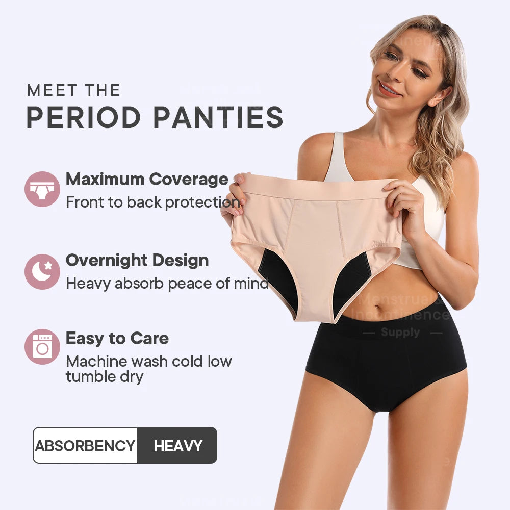 High Waist Menstrual Panties for Women 4-Layer Leakproof Protection Fast Absorbent Period Panties Heavy Flow Briefs.