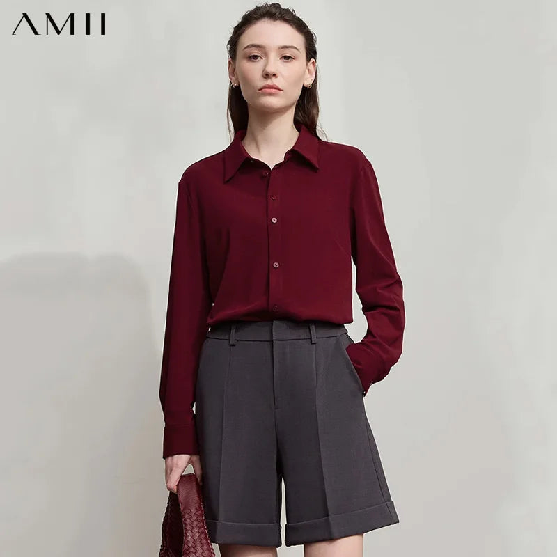 AMII Office Lady Shirt 2025 Autumn New Minimalism thick Long Sleeves Blouse Elastic Cotton Lapel Women's Clothing 12553079.