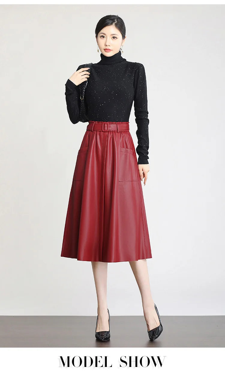 S-5XL New Women Plus Size Leather Skirt Spring Autumn Fashion Stretch Waist A-Line Loose Long Skirt Split Leather Sheepskin.