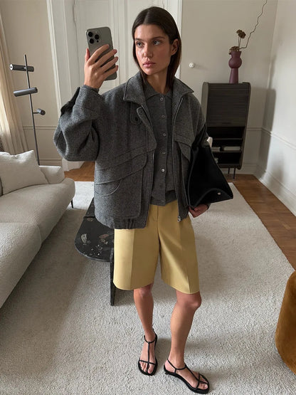 Tossy Autumn Grey Zipper Outwear Jackets Female Solid Loose Patchwork High Waist Cropped Top Coat Streetwear Women's Y2k Jackets