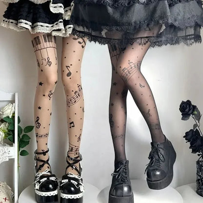 Women Personalized Stocking Gothic Music Notes Print Tights Thin High Elasticity Black Skin Leggings Spicy Girls Y2K Hosiery