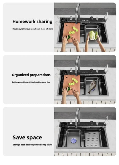 Stainless Steel Kitchen Sink Waterfall Faucet Large Single Sink Intelligent Dishwasher Sink Digital Display and Light Effects