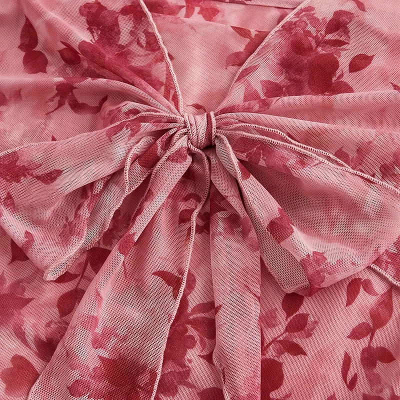 Summer Women's Y2k Floral Printed Sweet V-Neck T-shirts Mesh Beach Party Dress Top Flare Sleeve Square Collar Lace Up Shirt 2025.