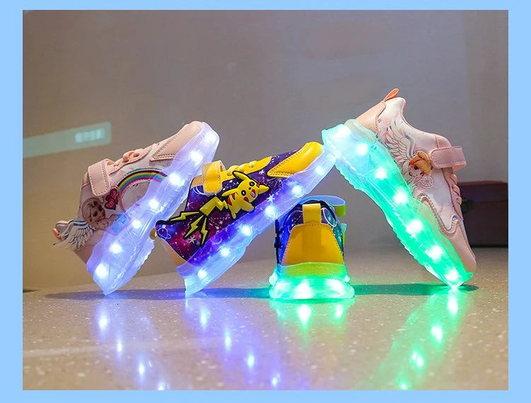 Disney Children's Casual Shoes LED Rechargeable Luminescent Shoes  Cartoon Princess Elsa Girls Pink Sports Sneakers Size 26-35.