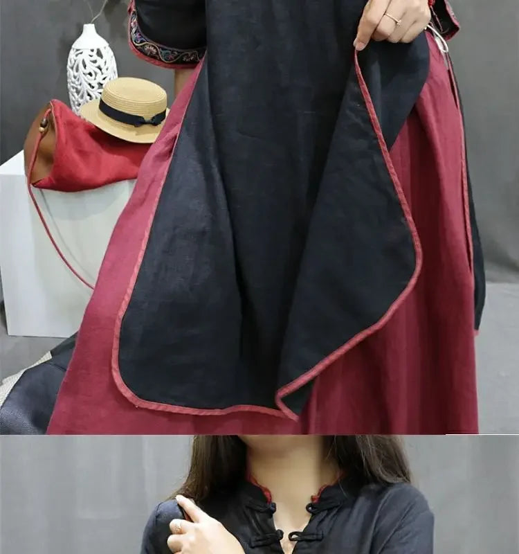 Damen-Bluse im Vintage-Stil aus Baumwolle und Leinen, mittellang, siebte Ärmel, Stickerei, ethnischer Rock mit lockerer Passform, chinesischer Stil.