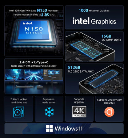 BMAX B4 Turbo Mini PC Windows 11 PC Intel N150 16GB 512GB SSD 2*HDMI 1*Type-C Supports 4K@60Hz 1000MHz Intel Graphics.