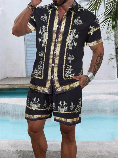 A Comfortable Summer Men's Suit Featuring Short-sleeved Shirts And Loose Shorts, A Two-piece Outdoor Fashion Set.