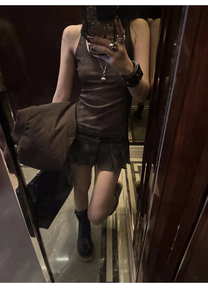 Lautaro Spring Summer Cool Washed Distressed Soft Pu Leather Mini Pleated Skirt Women High Waist Belt Luxury Designer Clothes.