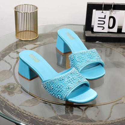 High-heeled slippers 2024 summer fashion new thick with square head luxurious ladies slippers coarse heel 6CM.