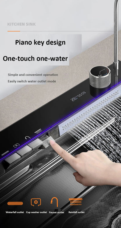 Whale style kitchen sink digital display flying rain waterfall stainless steel dishwashing pool vegetable washing basin multifun