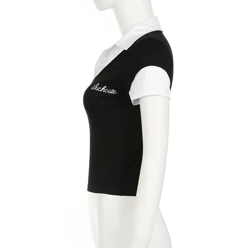 Women's Short Sleeve T-Shirt, Slim, Turn-Down Collar, Preppy Style, Patchwork, Casual, Summer Fashion, Fake 2 Piece, 2024.