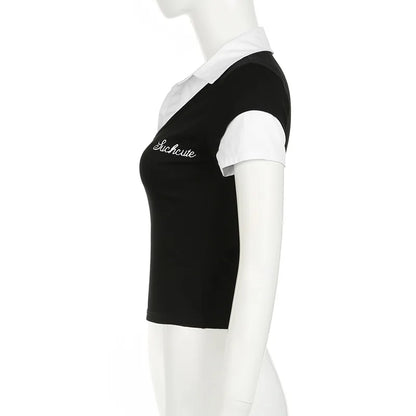 Women's Short Sleeve T-Shirt, Slim, Turn-Down Collar, Preppy Style, Patchwork, Casual, Summer Fashion, Fake 2 Piece, 2024.