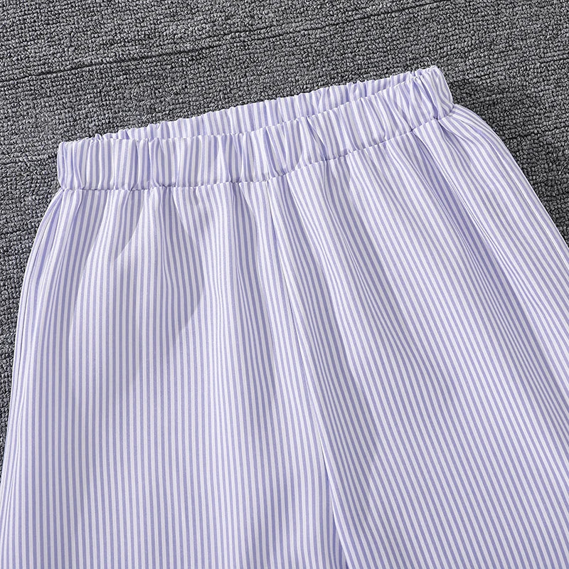 Spring Hot Sale Kids Outfit 4-12 Years Girls Striped Long Sleeve Chemise + Casual Loose Straight Leg Pants Shirt Suit 2Pcs Set.