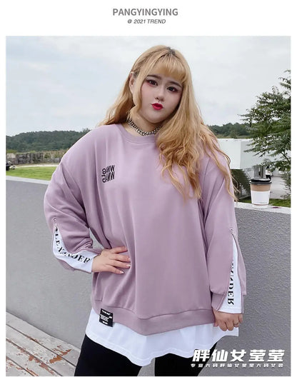 Frühling Herbst Neue Koreanische Mode Zwei Gefälschte Stücke Plus Größe Sweatshirt Frauen Brief Patchwork Casual Dame Tops Übergroße Kleidung.