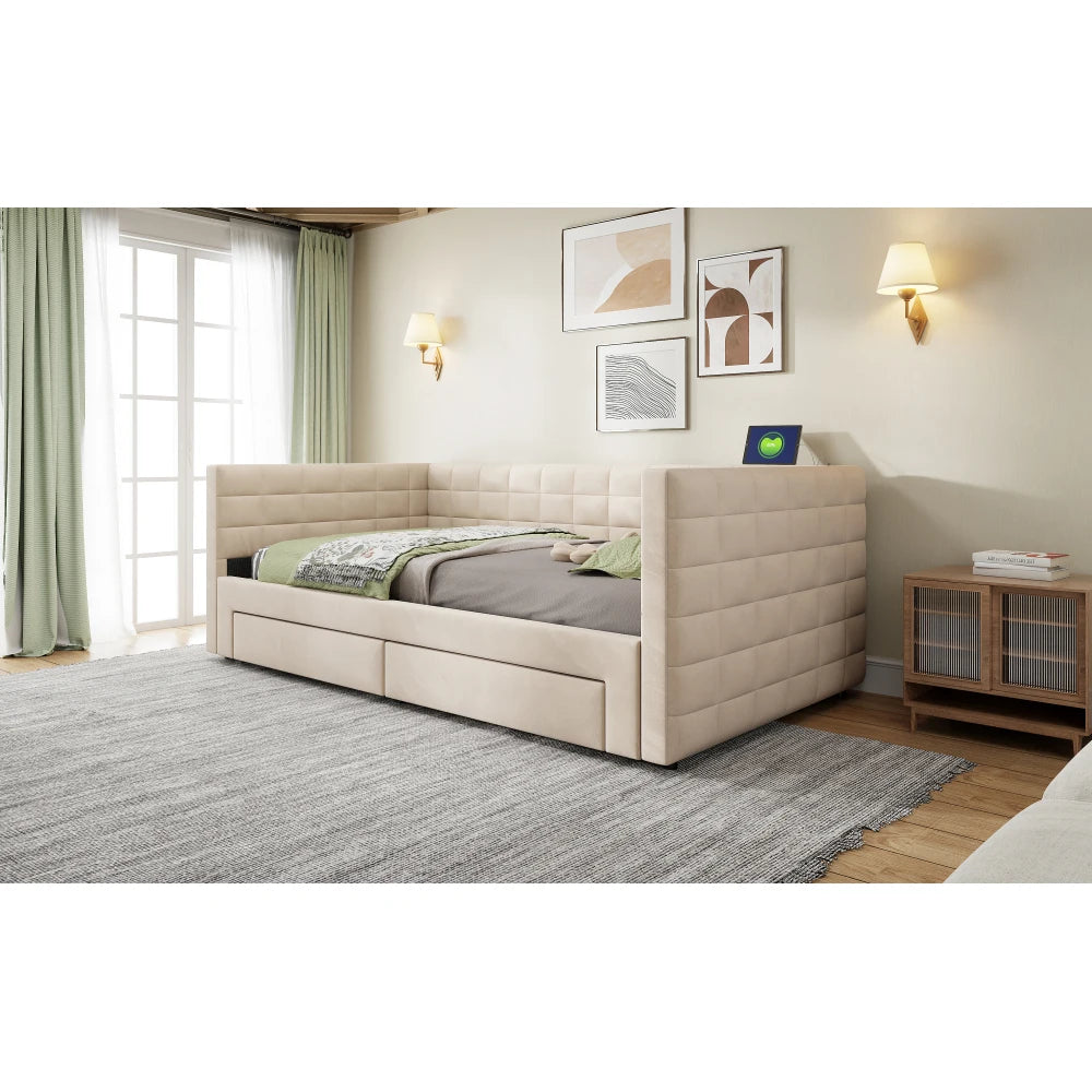 3-in-1 ausziehbares Schlafsofa 90 x 190 cm, Multifunktionsbett mit Schubladen, Einzel-/Doppelbett, Baumwolle und Leinen (Matratze nicht im Lieferumfang enthalten)