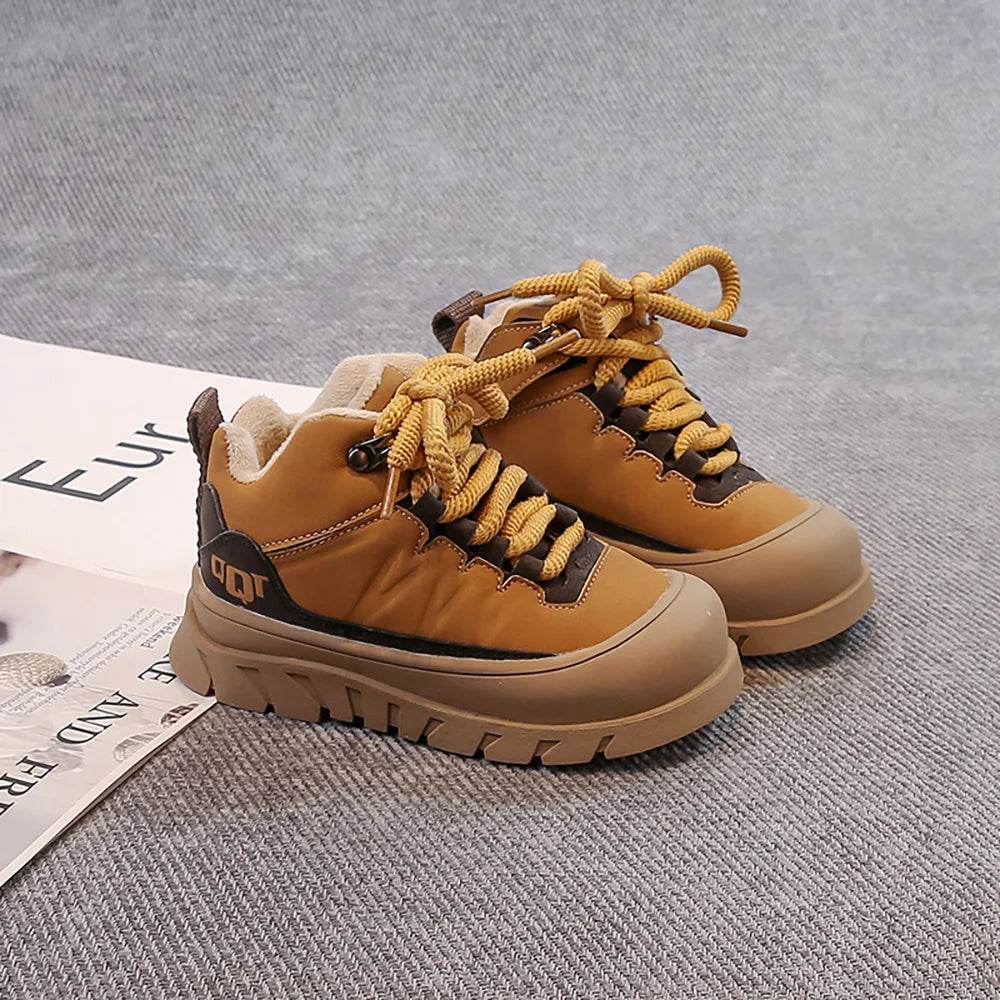 Winter Plush Boots For Children PU Leather Waterproof Boy's Warm Cotton Shoes Thick Warm Platform Teenager Kid's Snow Boots