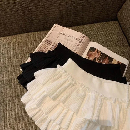 Sweet Puffy Cake Women Skirts Korean Fashion Ruched Ruffle Mini Skirt Campus Harajuku Casual Versatile Elastic Waist Solid Skirt.