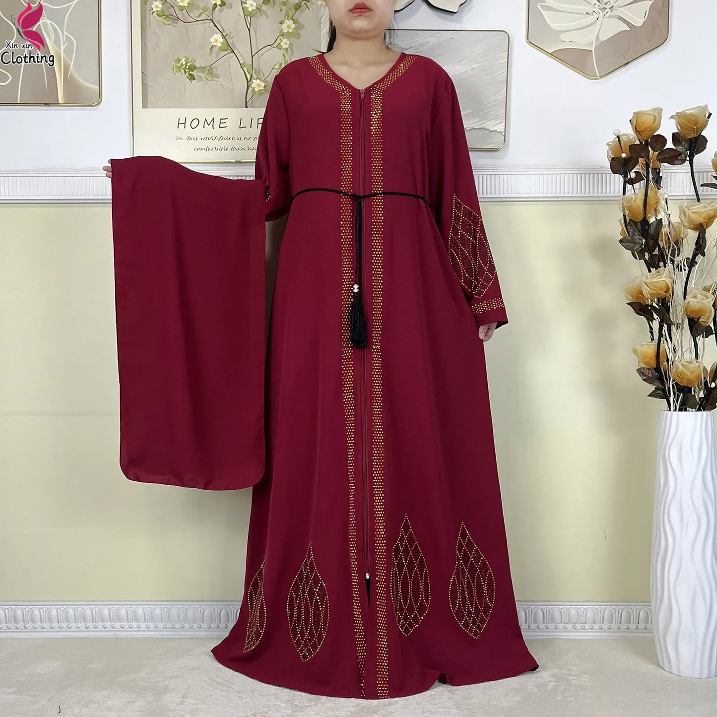 New Dubai Women Elegant Dress Diamonds Chiffon Open Abaya with Zipper Islamic Turkey Clothing Women Muslim Party Evening Dress