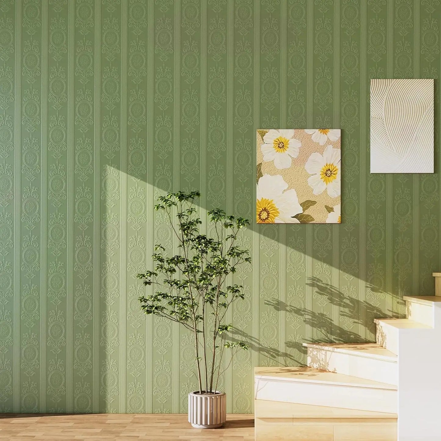 3D-Tapete mit weißer Prägung zum Abziehen und Aufkleben, Damaststruktur, selbstklebende Tapete, modernes, florales, abnehmbares Kontaktpapier