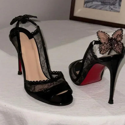 2025 Women's New in Black Lace Butterfly Sexy Pumps Stilettos Peep Toe High Heels Leather Luxury Designer Party Chic Shoes.