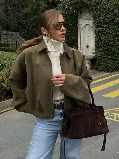 TRAFZA Women Brown Green Suede Jacket Loose Casual Bomber Coat Lapel Zipper Long Sleeve Jackets Vintage Lady Motorcycle Outwears.