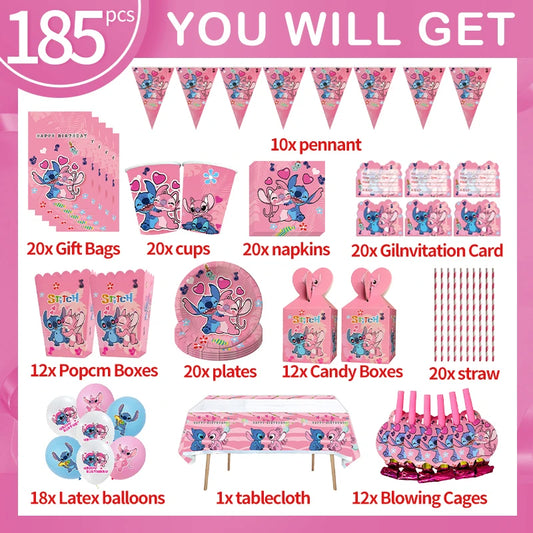 Disney Stitch Geburtstagsparty-Dekorationen, rosa Engel-Set, Cartoon-Geschirr, Papierservietten, Teller, Tassen, Kinder, alles Gute zum Geburtstag.