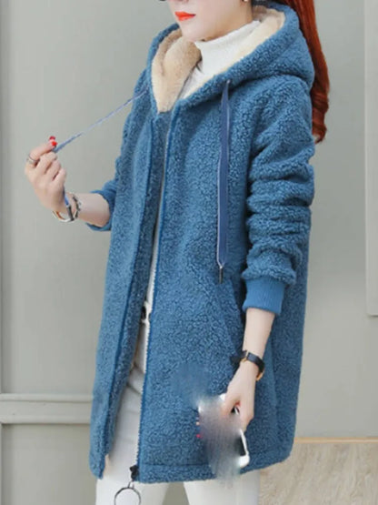 Damen verdickte Fleece-gefütterte mittellange Kapuzenjacke Winter neuer Reißverschluss-Cardigan-Mantel Lässige koreanische Lammwolljacke weiblich.
