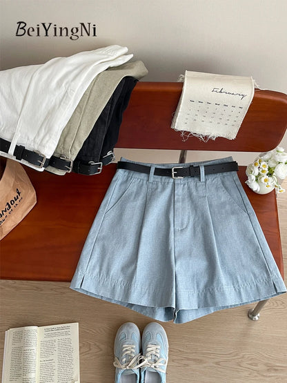 Beiyingni Korean Women High Waist Shorts With Belt Elegant Cotton Linen Casual Slim Female Shorts White Street Short Cargo Pants.